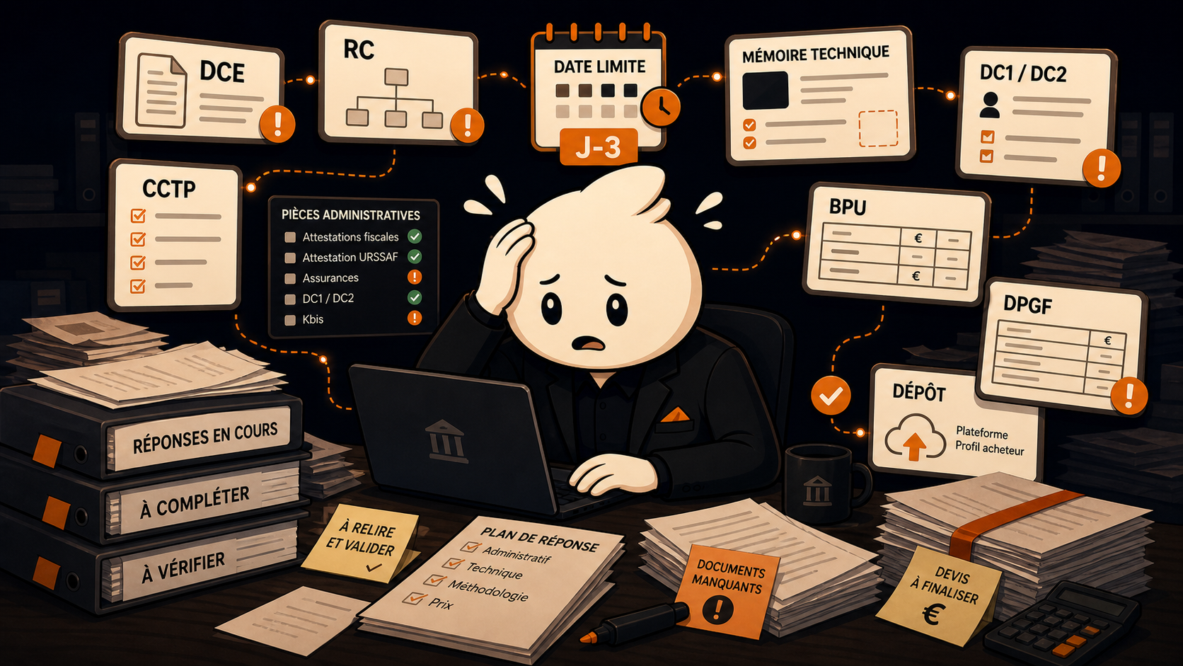 Mascotte débordée par un DCE, un RC, un CCTP, un mémoire technique, des DC1 DC2, un BPU, une DPGF et une date limite