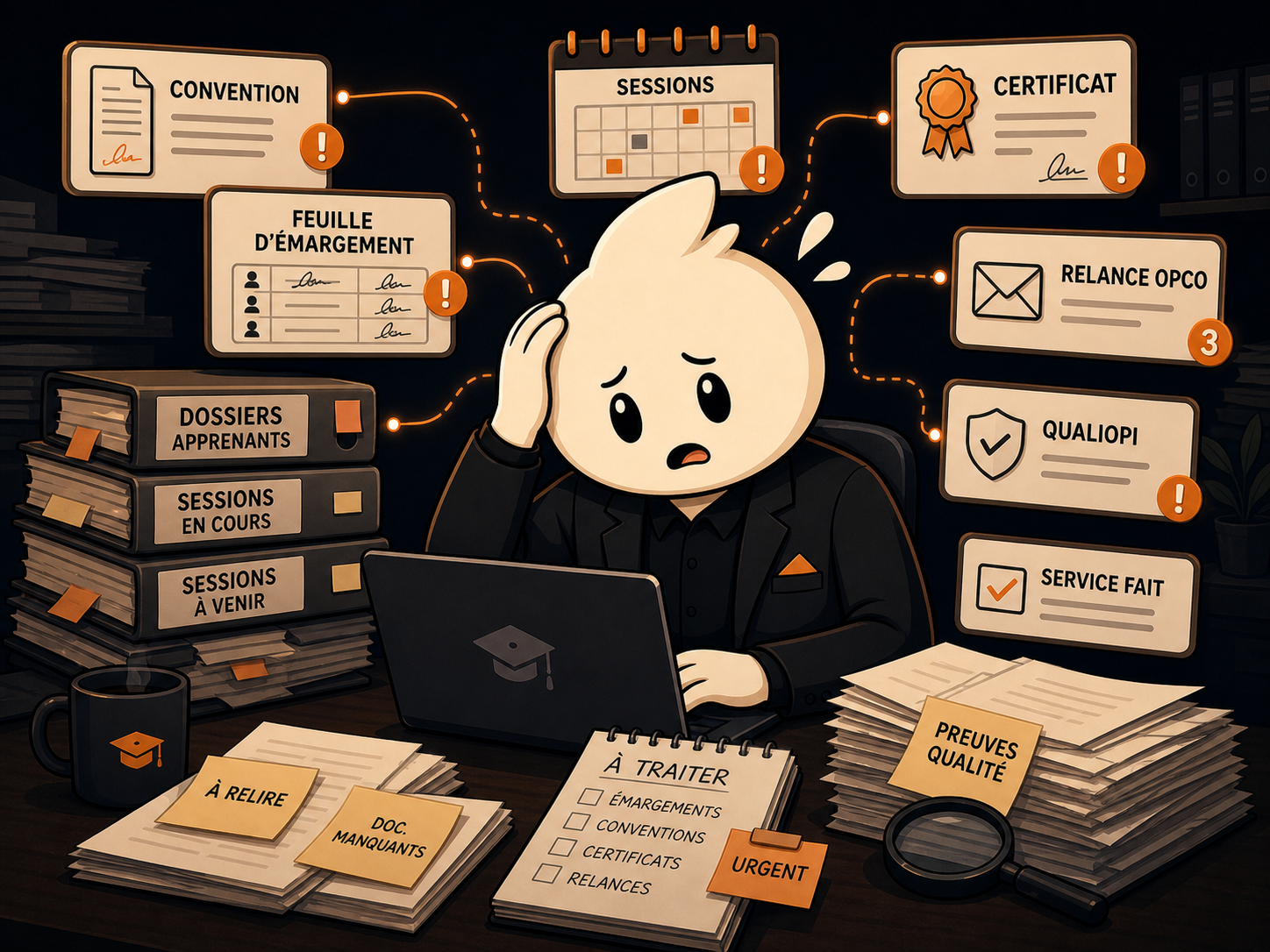 Mascotte débordée par des conventions de formation, feuilles d'émargement, certificats de réalisation, dossiers apprenants, relances OPCO et preuves Qualiopi
