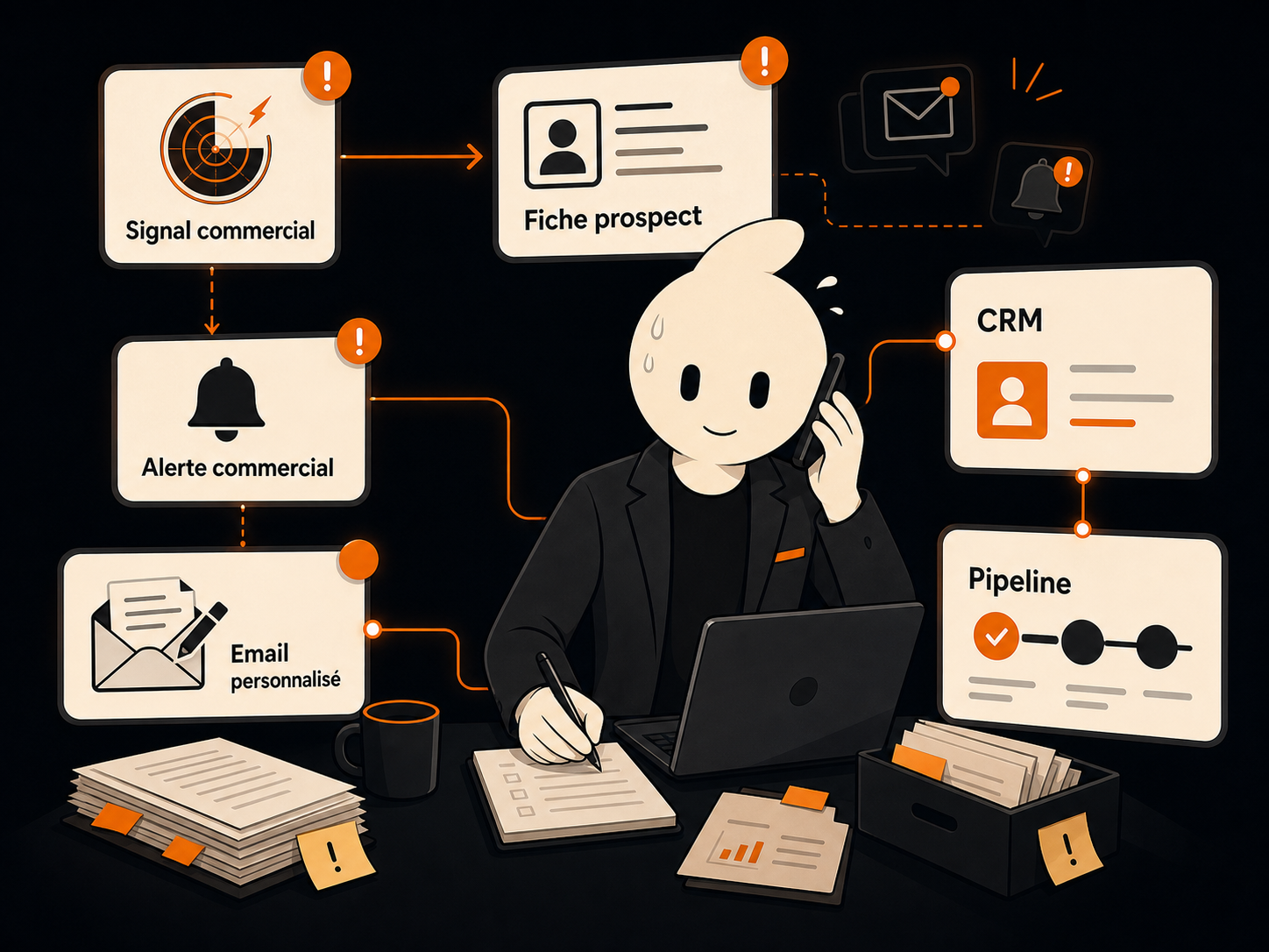 Mascotte débordée par des signaux commerciaux, fiches prospects, alertes commerciales, emails personnalisés, CRM et pipeline